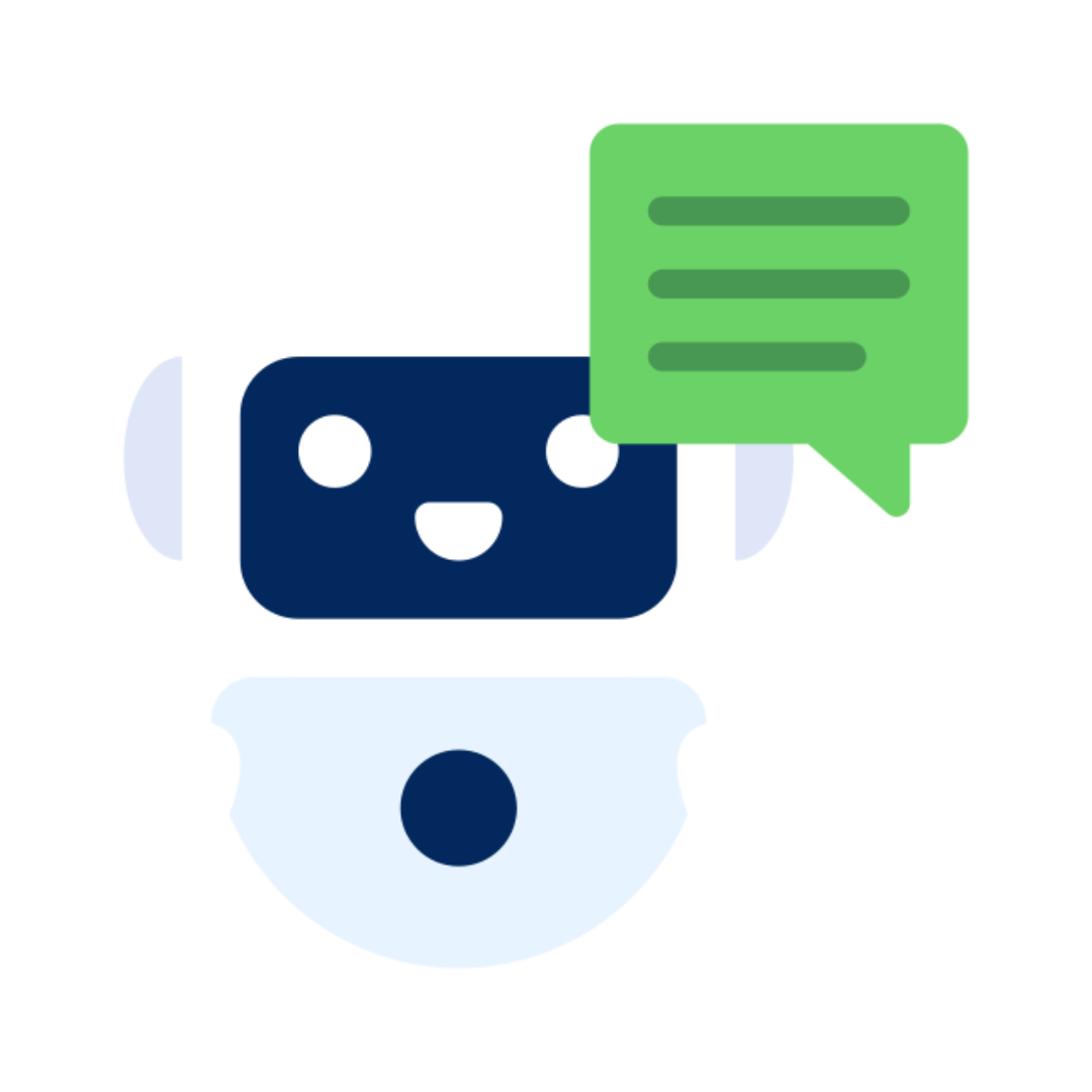 Robot with a smiling face and a green speech bubble. Blue and white design.