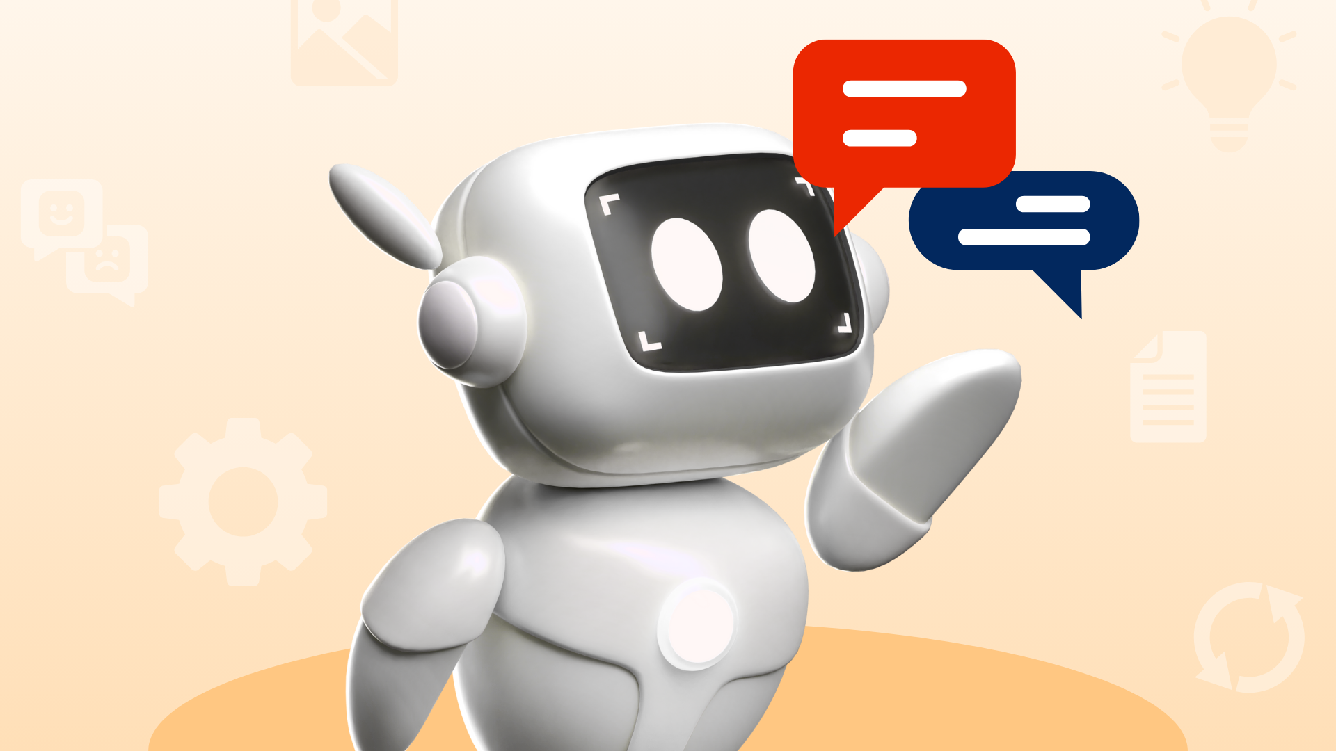 White robot with speech bubbles; orange background with icons.