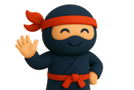 Smiling ninja character in dark blue attire, red headband, waving.