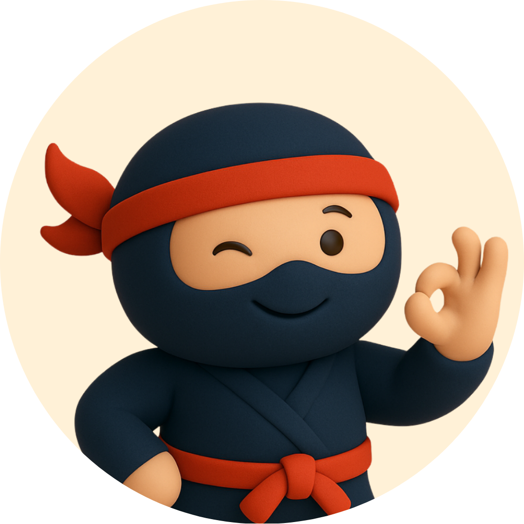 Cartoon ninja in a blue suit with a red headband winking and giving the okay symbol.