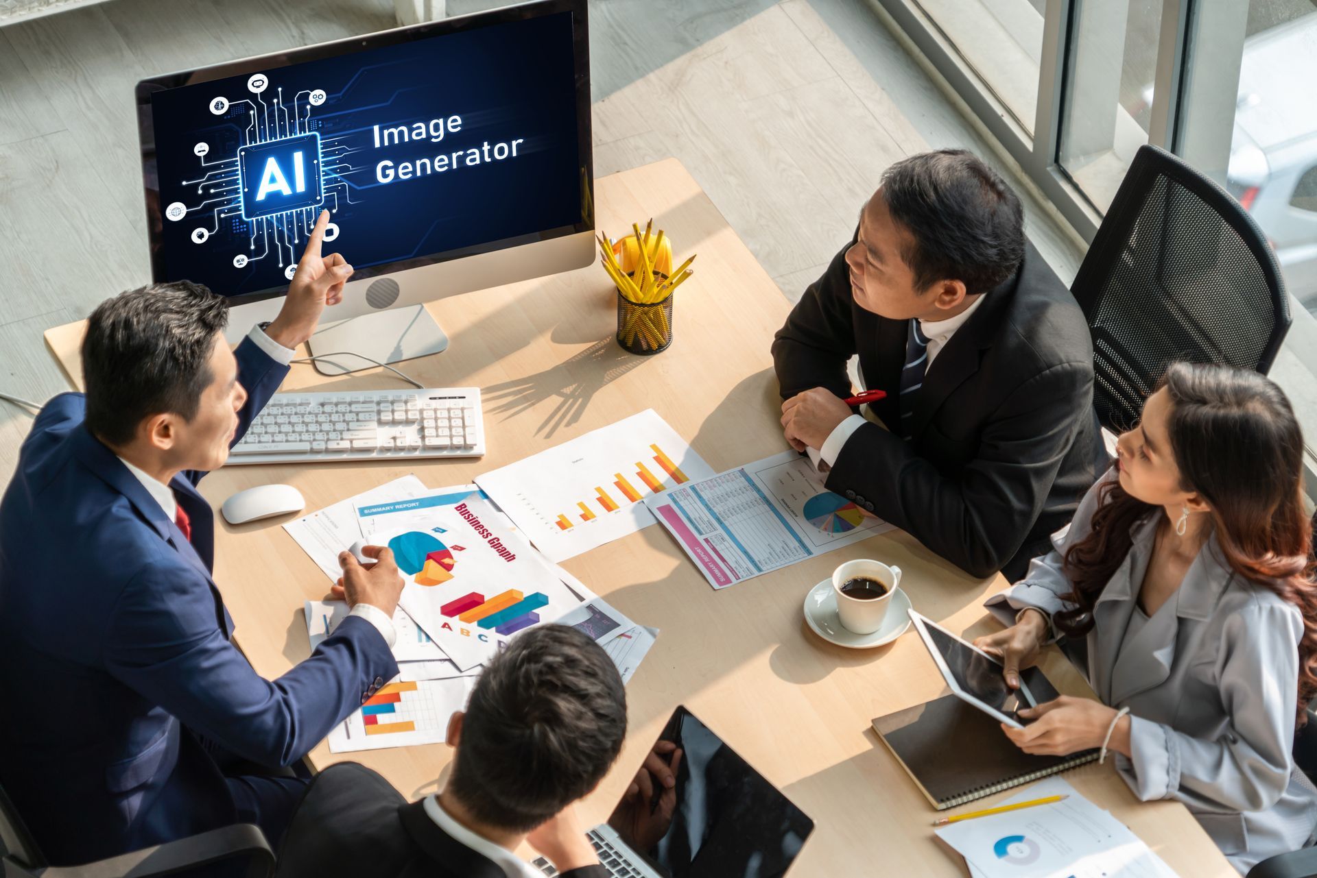 Business team around a table discussing AI image generation on a monitor. Papers, charts, and coffee cups present.