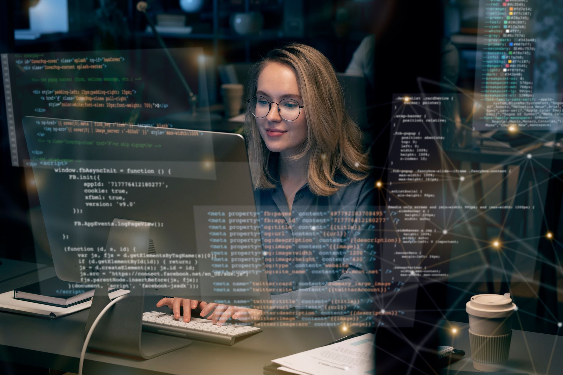 Woman with glasses coding at a computer, overlaid with code. Indoors, with coffee and phone visible.