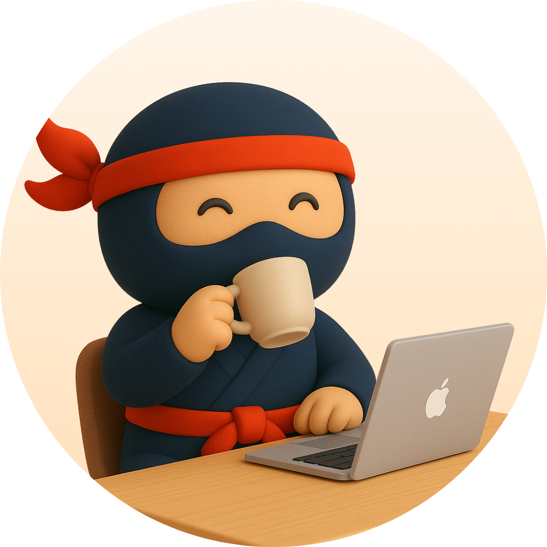 Ninja wearing a red headband, sipping from a mug, working on a laptop at a desk.