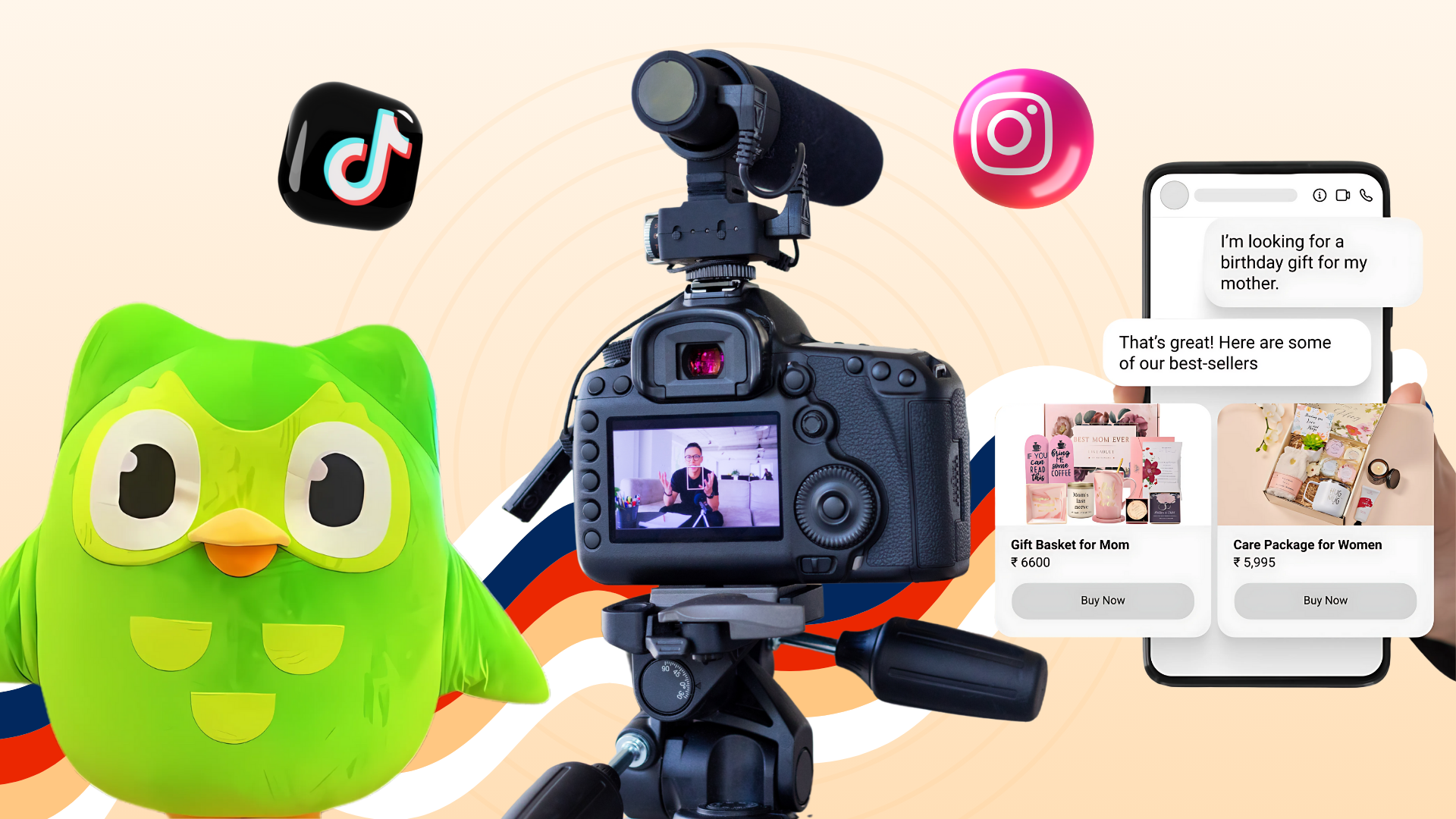 Duolingo's mascot, camera, and phone with social media icons, suggesting online language learning or content creation.