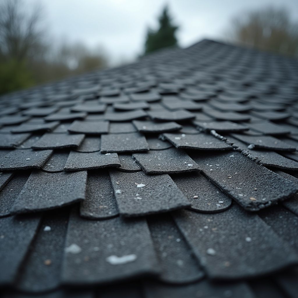 Close-up of a house roof covered in gray, brown, and white asphalt shingles.