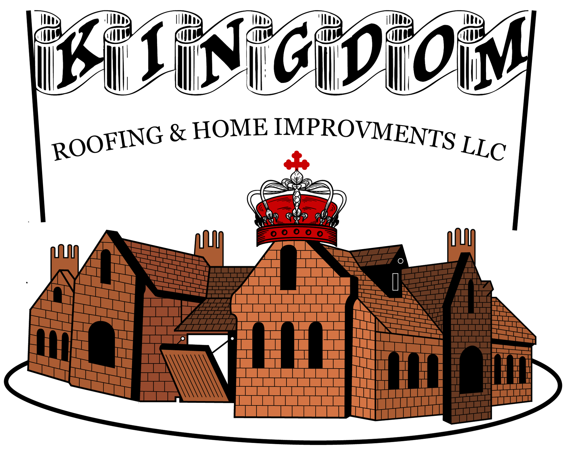 Logo for Kingdom Roofing & Home Improvements LLC: stylized castle with a crown, under a scroll banner.