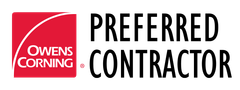 Owens Corning Preferred Contractor logo: red square with white arc, text