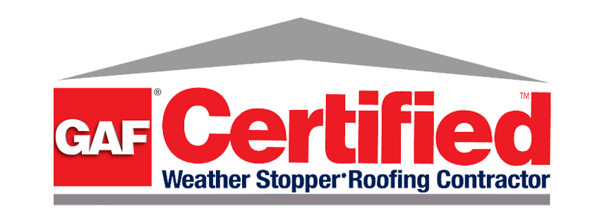 GAF Certified Weather Stopper Roofing Contractor logo with red and white text within a gray roof outline.