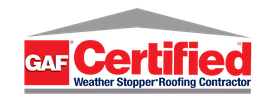 GAF Certified Weather Stopper Roofing Contractor logo with red and white text within a gray roof outline.