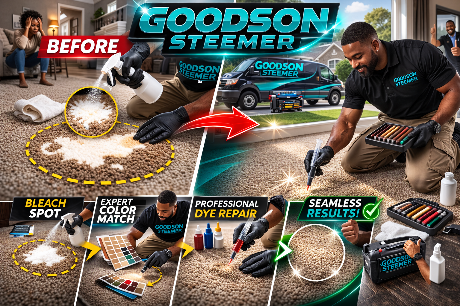 Professional bleach spot repair Goodson Steemer bleach spot carpet repair before and after in Livonia Michigan