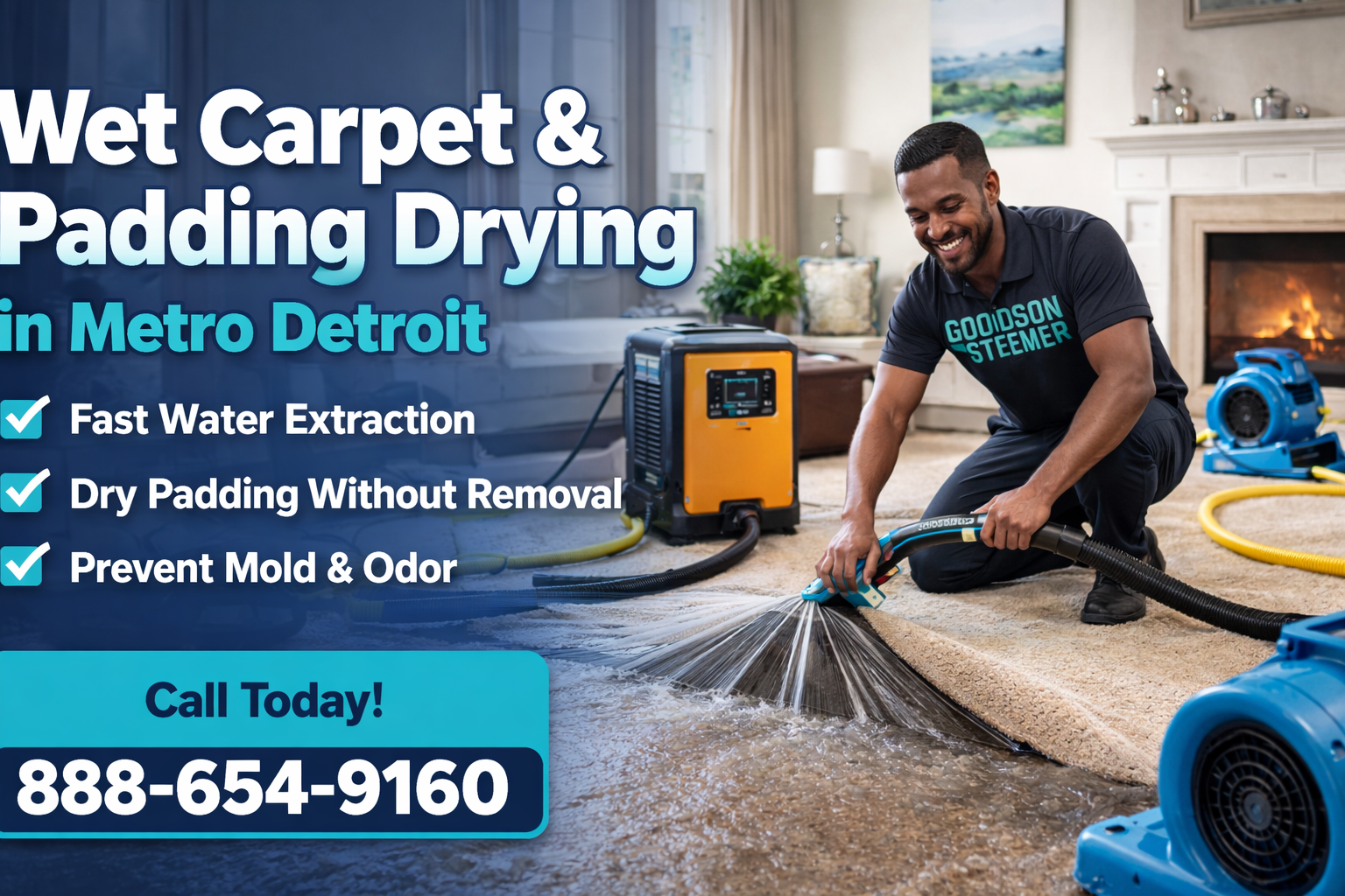 Emergency flood cleanup and wet carpet padding drying to prevent mold and odor in Metro Detroit.
