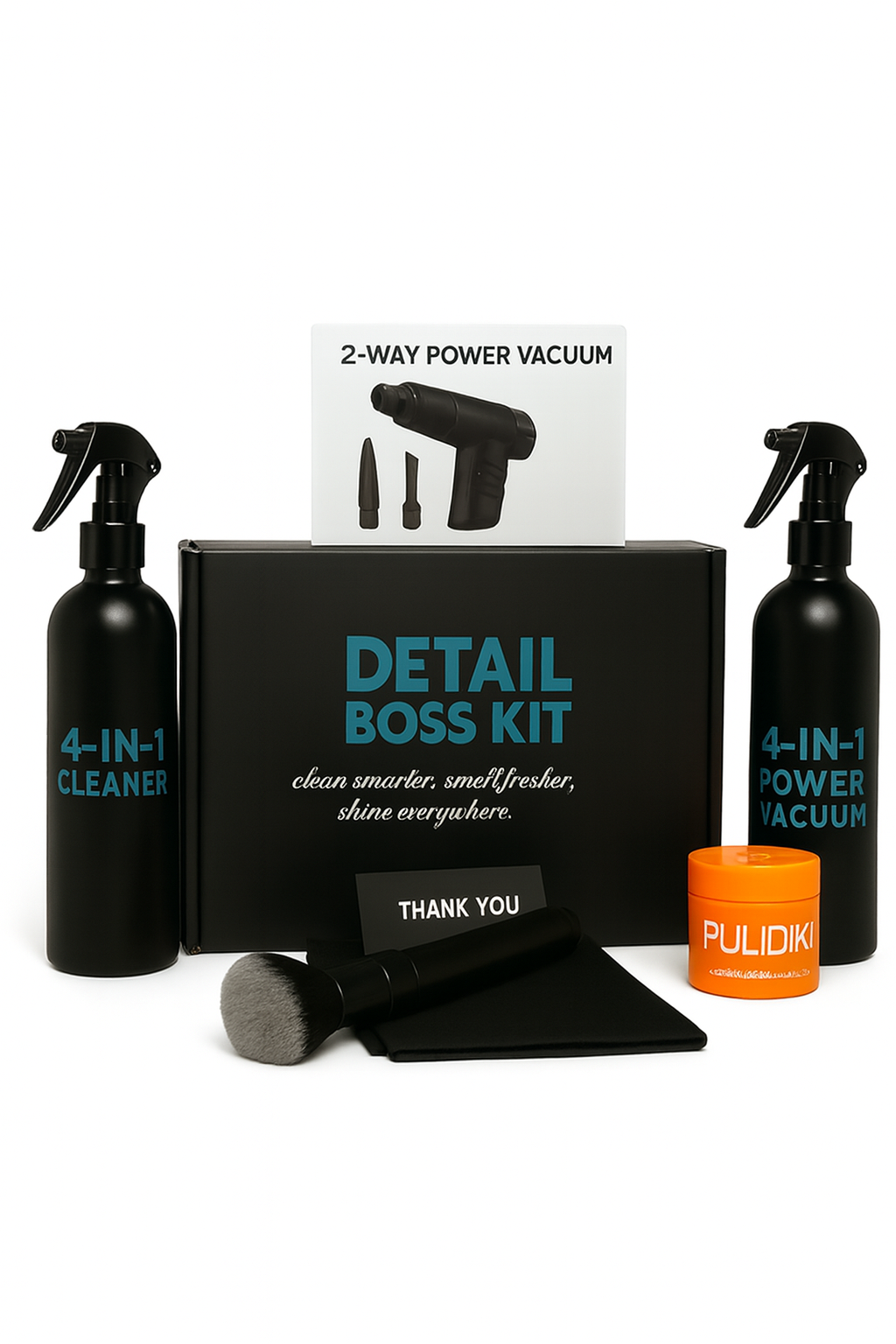 Detail Boss Kit complete car cleaning system with window cleaner, leather cleaner, 2-way power blower and vacuum, clay bar, and detailing brushes for interior and exterior detailing.