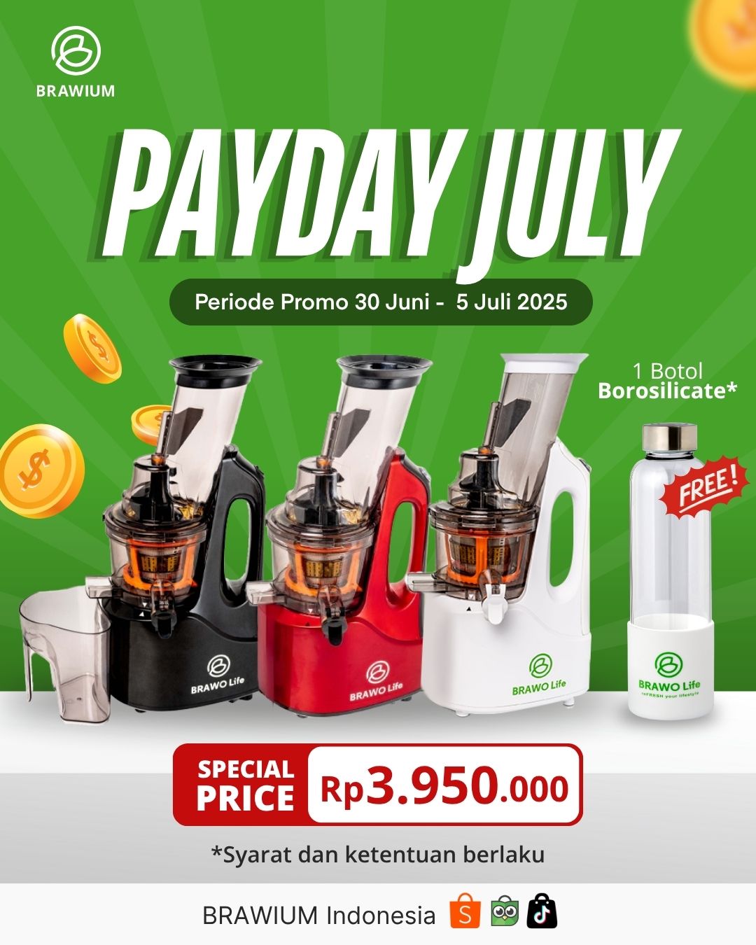 Promo Gaji Juli: Alat pengekstrak jus warna hitam, merah, dan putih. Termasuk botol air gratis.
