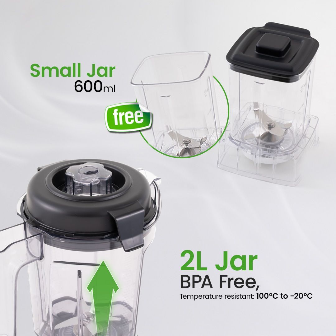 Blender abu-abu dan hitam dengan teko bening, layar digital, dan panel kontrol.