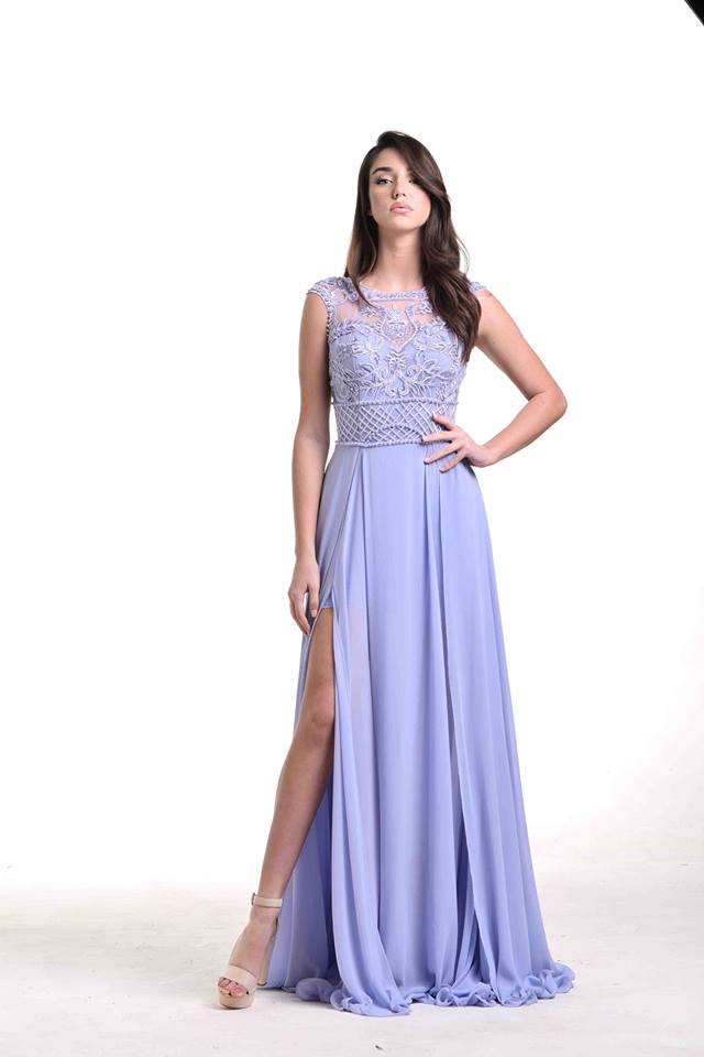 vestito da cerimonia lilla con spacco laterale