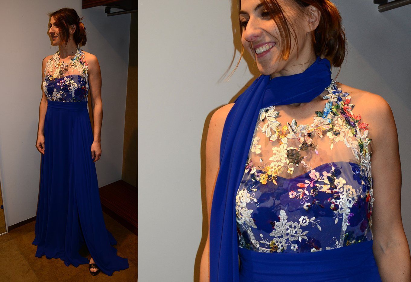 vestito blu elettrico da cerimonia con sciarpa e dettagli floreali