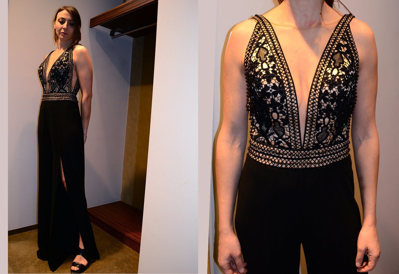 abito da cerimonia nero con spacco e scollatura a V