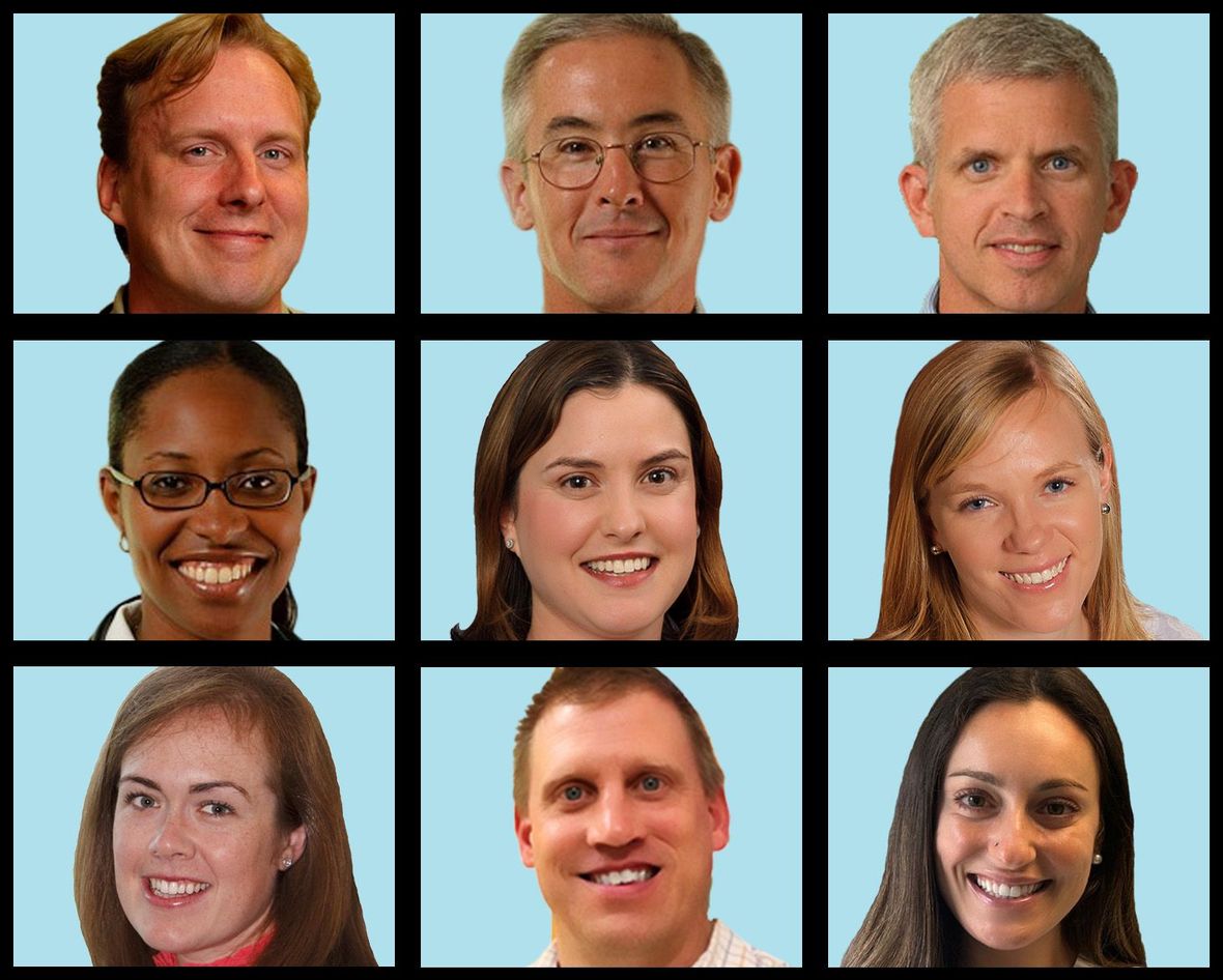 Nine diverse headshots arranged in a grid, all smiling against a light blue background.