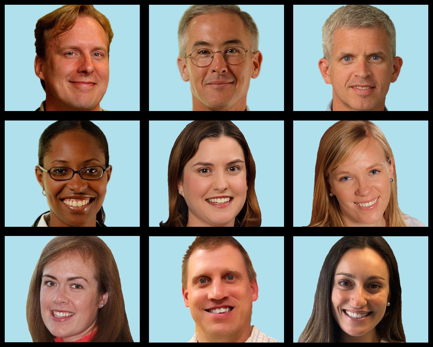 Nine diverse headshots arranged in a grid, all smiling against a light blue background.
