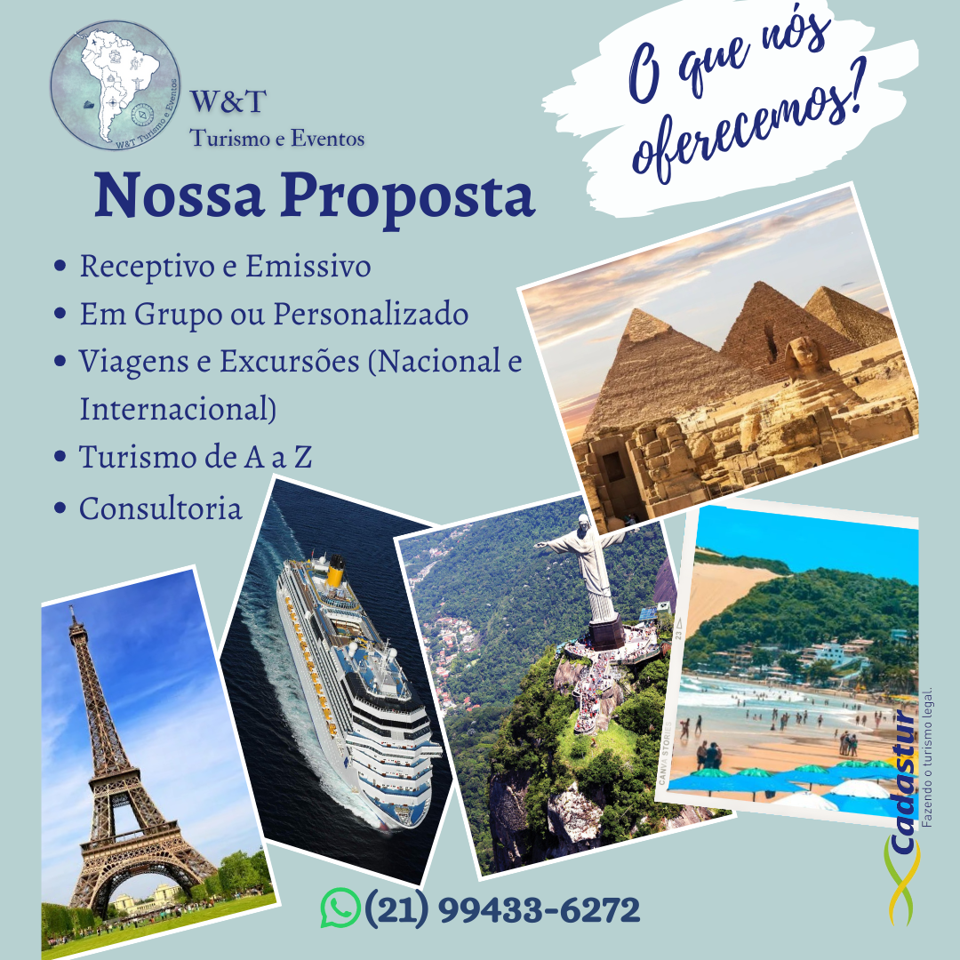 Anúncio de uma agência de viagens com fotos de pirâmides, Torre Eiffel, navio de cruzeiro, estátua do Cristo Redentor e uma praia.