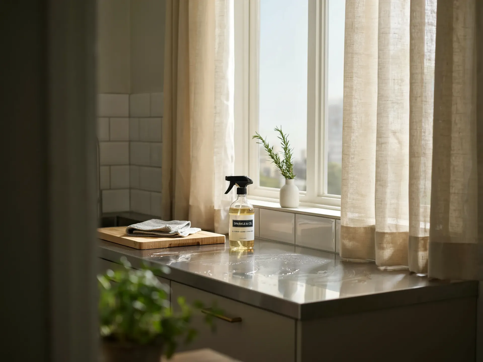 Sunlit kitchen counter by a window with beige curtains, a spray bottle, and plants