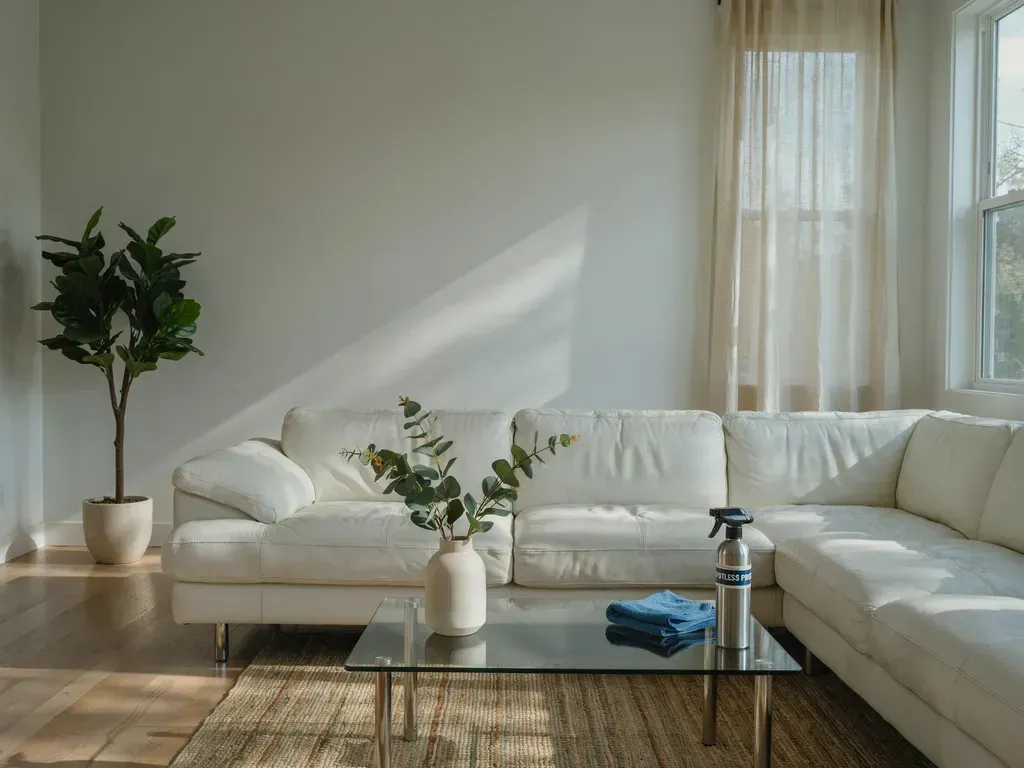 Bright minimalist living room with a white sectional sofa, glass coffee table, plants, and sunlight through sheer curtains