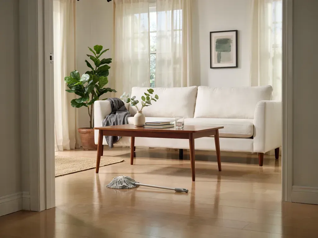 Bright living room with a white sofa, wooden coffee table, and potted plant by a sunlit window.