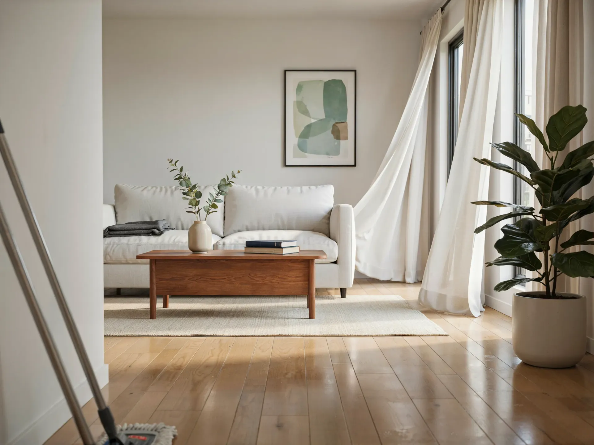 Bright living room with a white sofa, wooden coffee table, large plant, and sunlit curtains