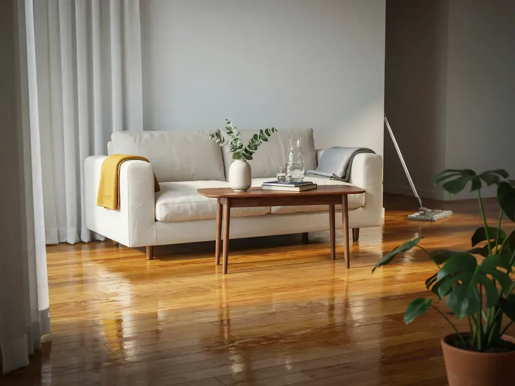 Bright living room with a white sofa, wooden coffee table, and potted plants on a sunlit floor.