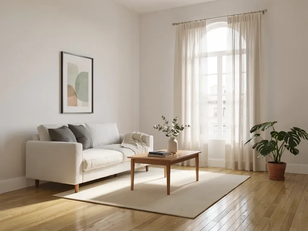 Bright living room with a white sofa, wooden coffee table, rug, and sunlight through tall curtains.