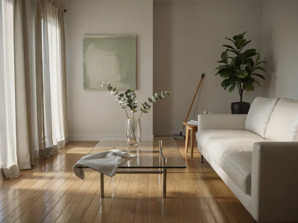 Minimalist living room with white sofa, glass coffee table, flowers, and large curtained windows