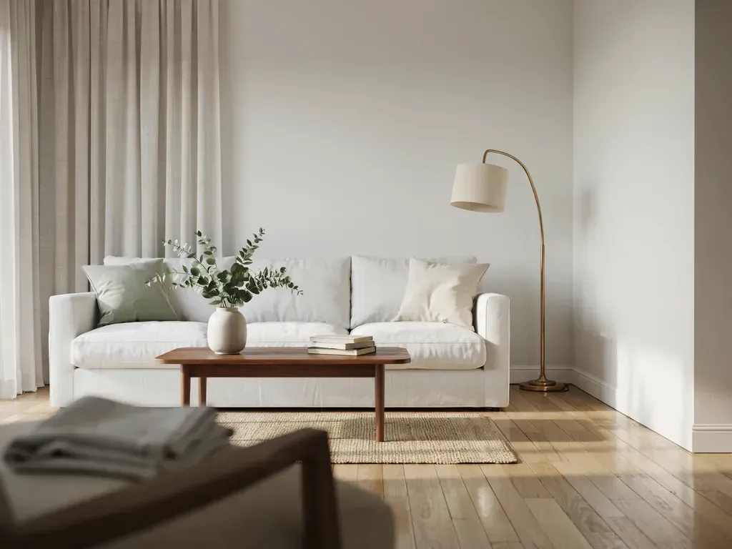 Minimal living room with white sofa, wood coffee table, floor lamp, and soft neutral decor.