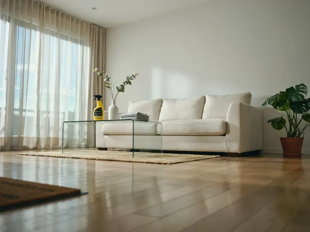 Sunlit living room with a white sofa, glass coffee table, potted plants, and sheer curtains.