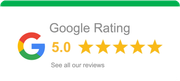 A google rating logo that says `` google rating 5.0 stars see all our reviews ''.
