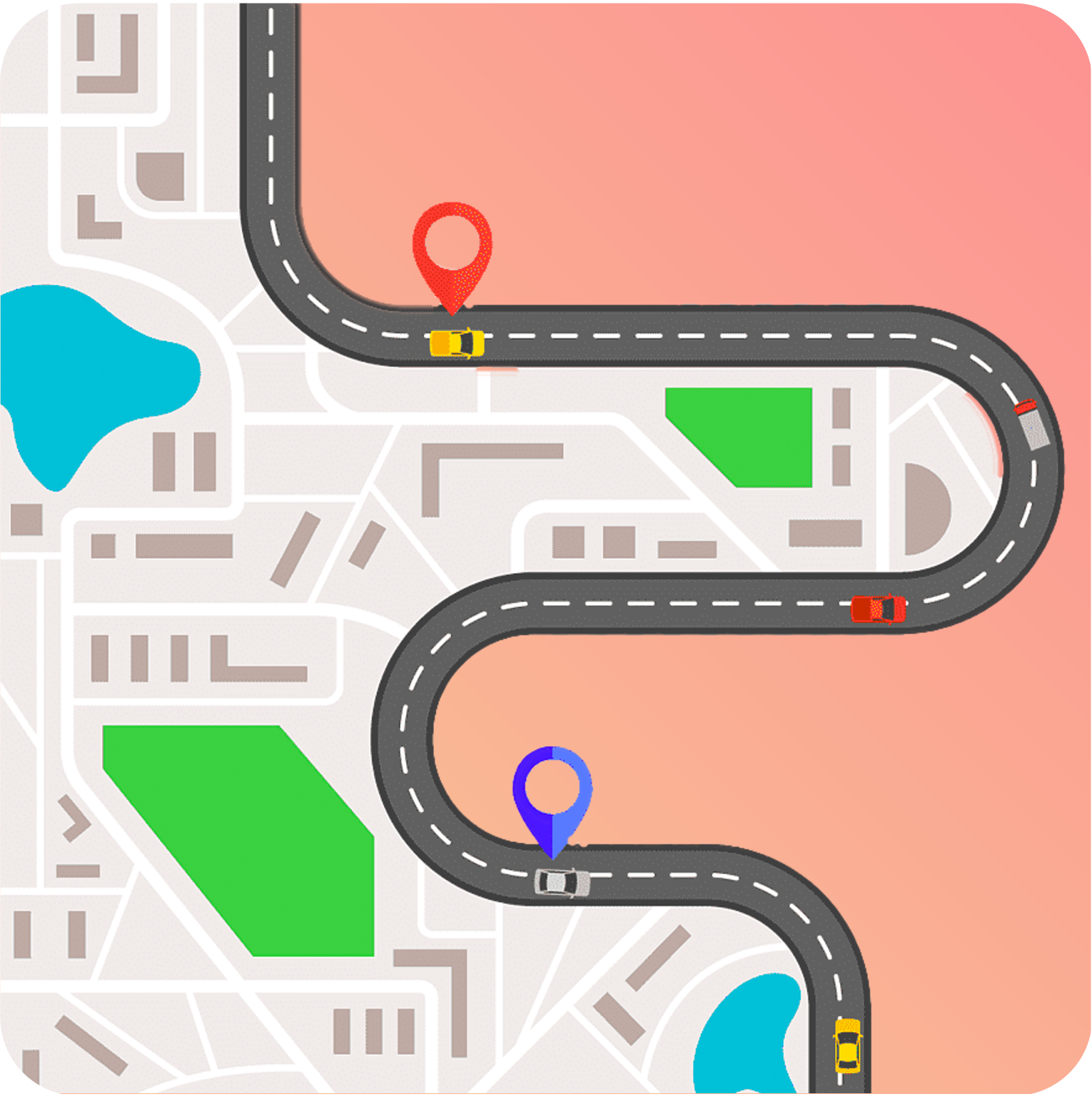 A map of a city with a curved road going through it.