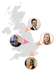 A map of the united kingdom with four people in circles.