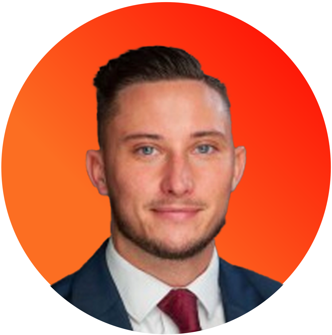 A man in a suit and tie is in an orange circle