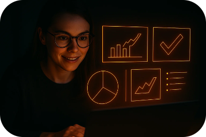 A woman is looking at a computer screen with glowing icons on it.