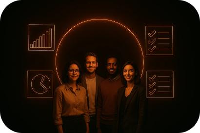 A group of people are standing next to each other in front of a glowing circle.
