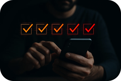 A man is holding a cell phone with check marks on it.