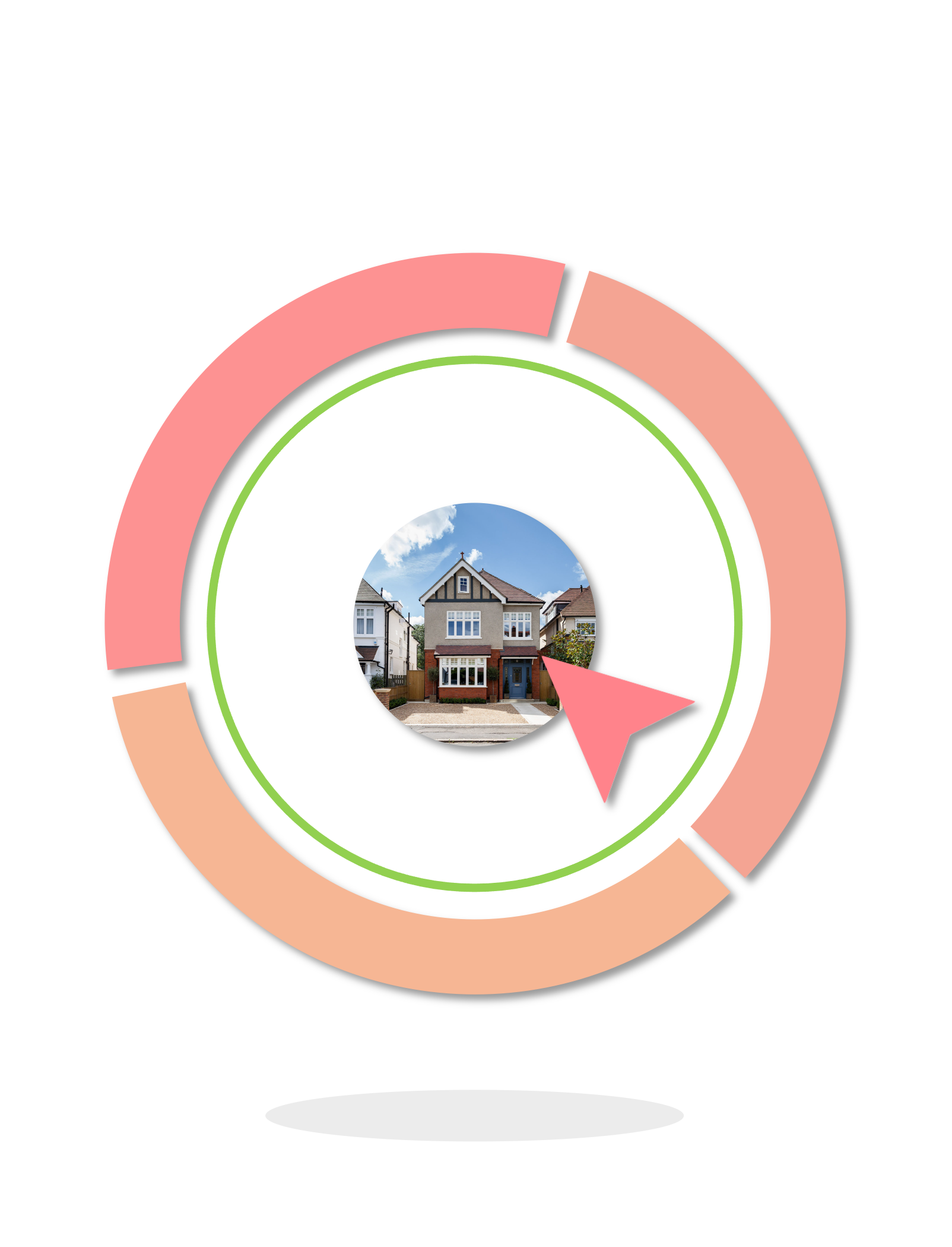 A picture of a house in a circle with an arrow pointing to it