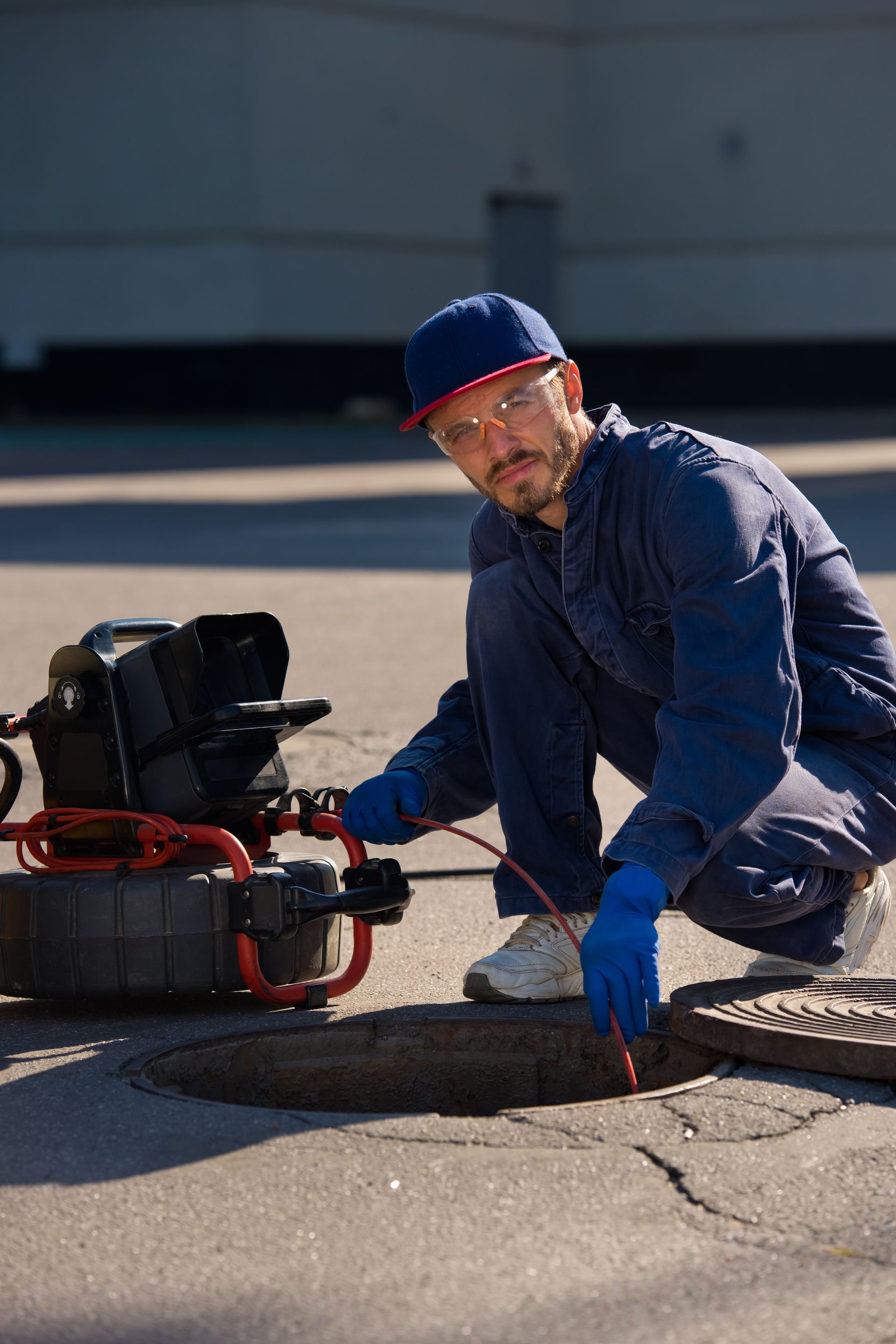 A man is kneeling down in front of a manhole cover with a camera attached to it.