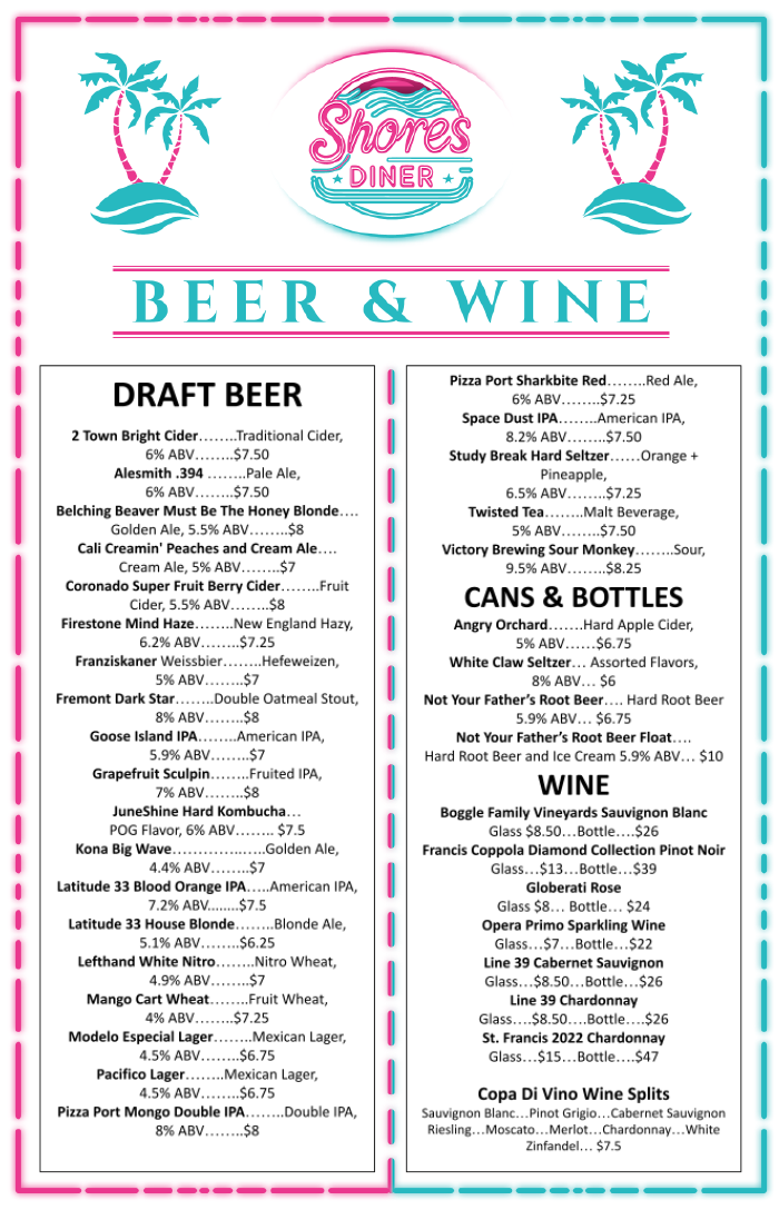 A menu for the shores diner includes breakfast and lunch
