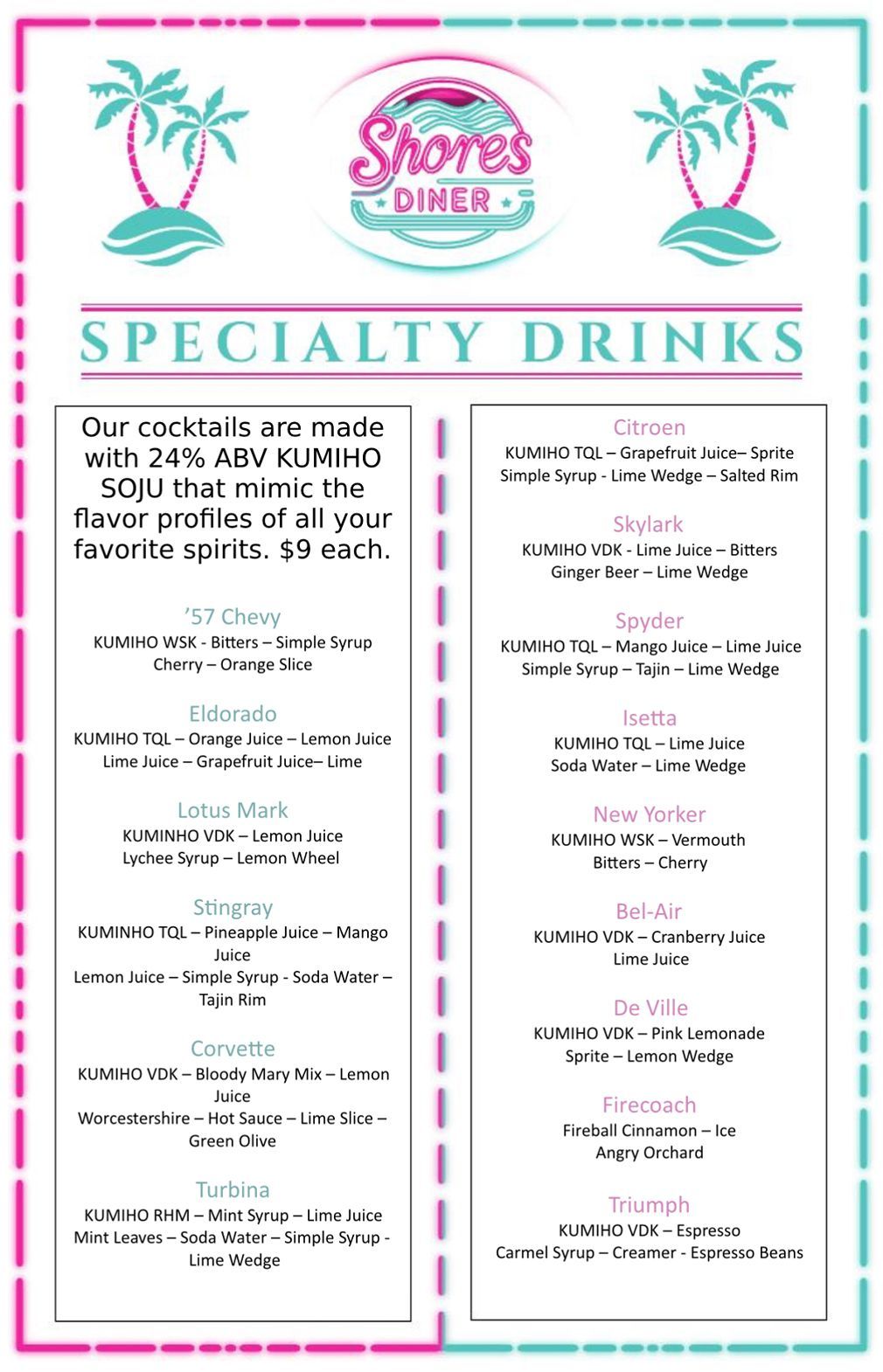 A menu for the shores diner includes breakfast and lunch
