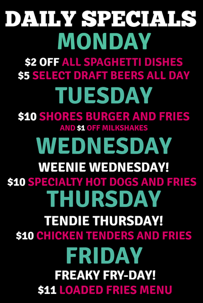 A menu for the shores diner includes breakfast and lunch