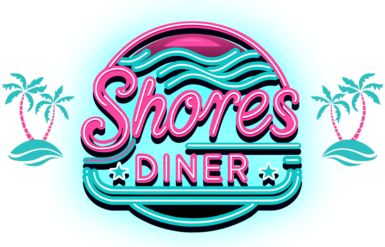 A neon sign for a diner with palm trees and waves.