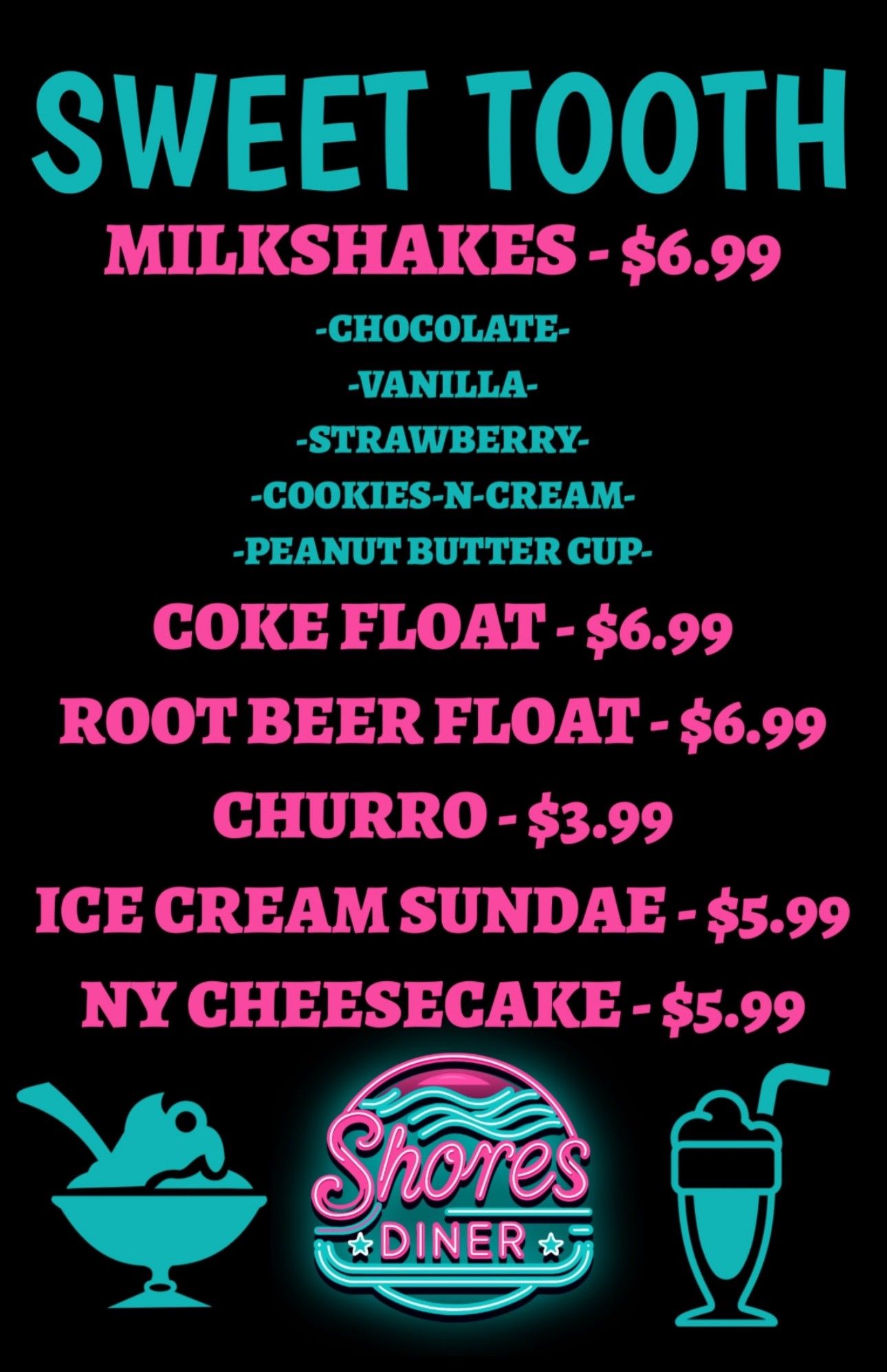 A menu for the shores diner includes breakfast and lunch