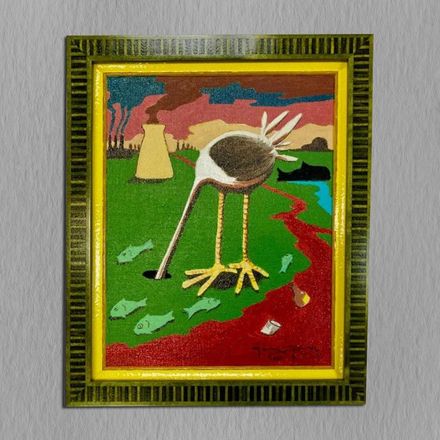 A framed painting of a bird standing in a field