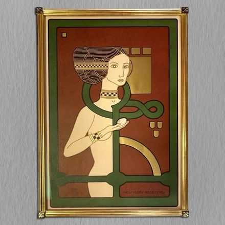 A framed painting of a woman with a snake around her neck