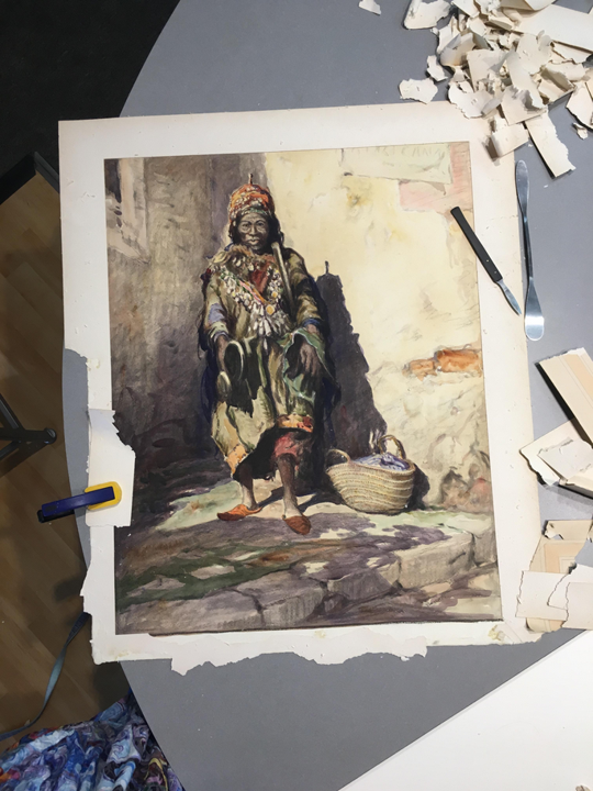 A painting of a woman sitting next to a basket on a table